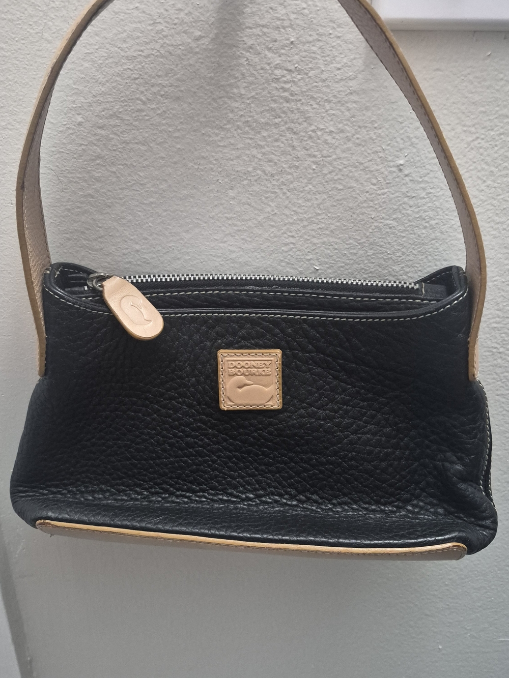 Vintage Dooney & Bourke Black Pebble Leather Shoulder Bag with Tan Trim